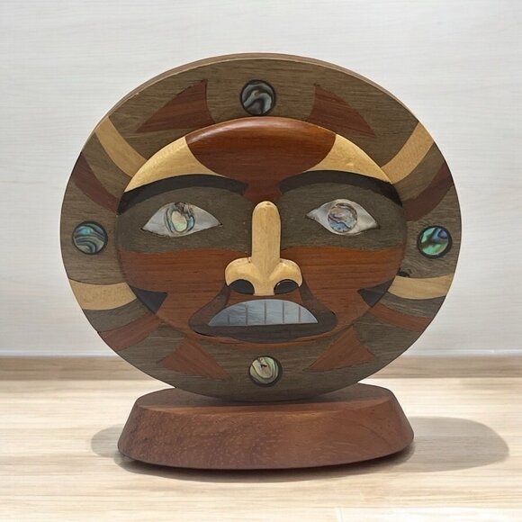 Wooden Inlay Sun Face figurine - Picture 1 of 10
